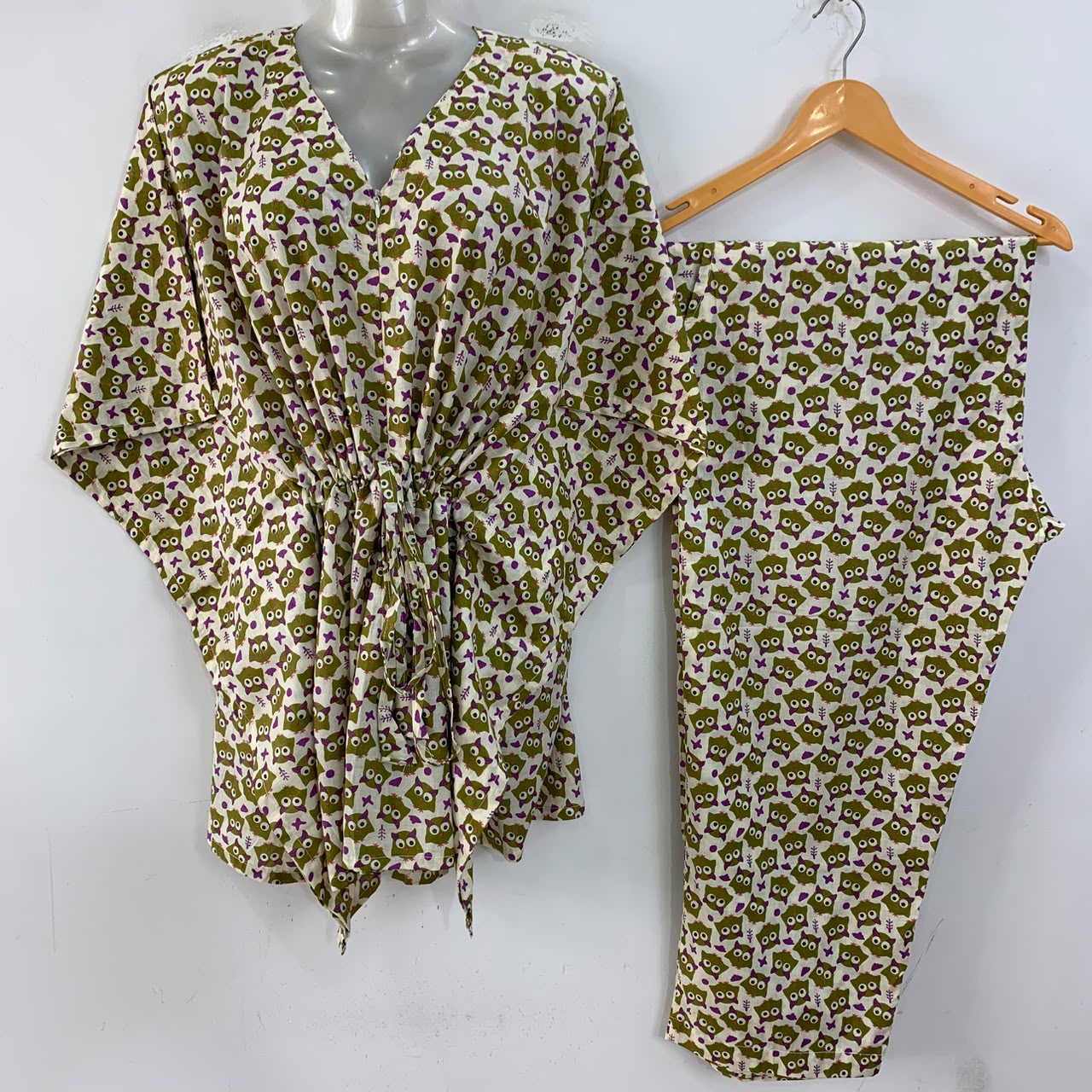 Off White shade Green Owl Print Cotton Maternity Kaftan Co-Ord Set