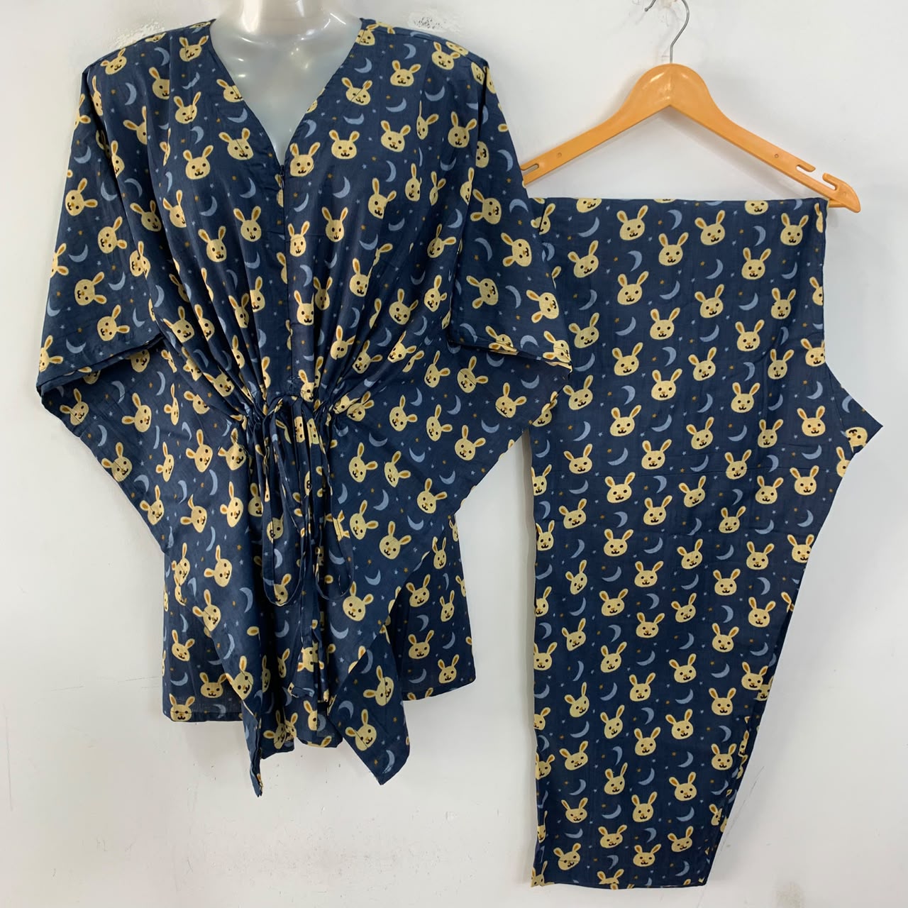 Dark Blue shade Brown Rabbit Face Print Cotton Maternity Kaftan Co-Ord Set