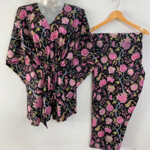 Black shade Pink Rose Garden Print Cotton Maternity Kaftan Co-Ord Set