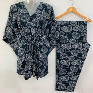 Dark Blue shade Lotus Stem Outliner Print Cotton Maternity Kaftan Co-Ord Set