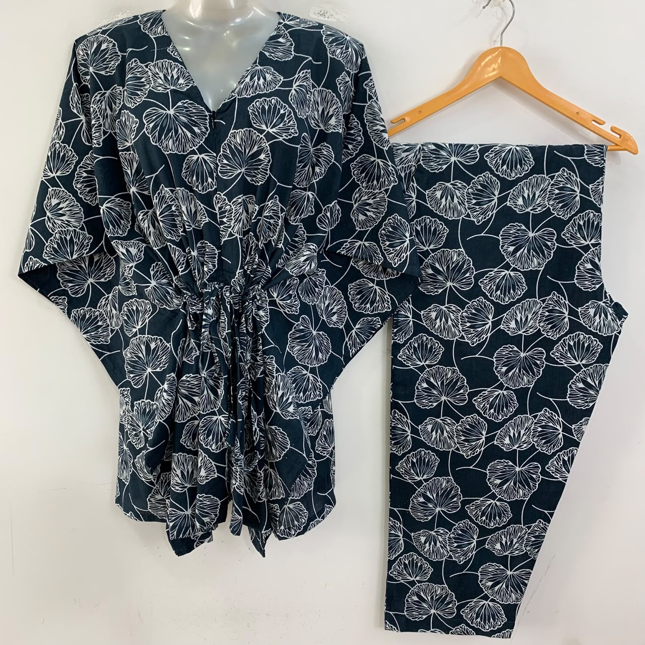 Dark Blue shade Lotus Stem Outliner Print Cotton Maternity Kaftan Co-Ord Set
