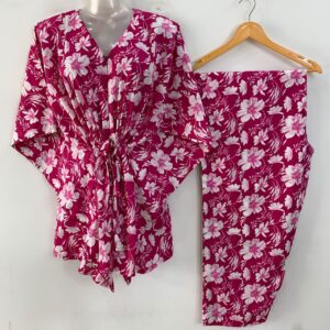 Pink shade California Poppy Flower Print Cotton Maternity Kaftan Co-Ord Set