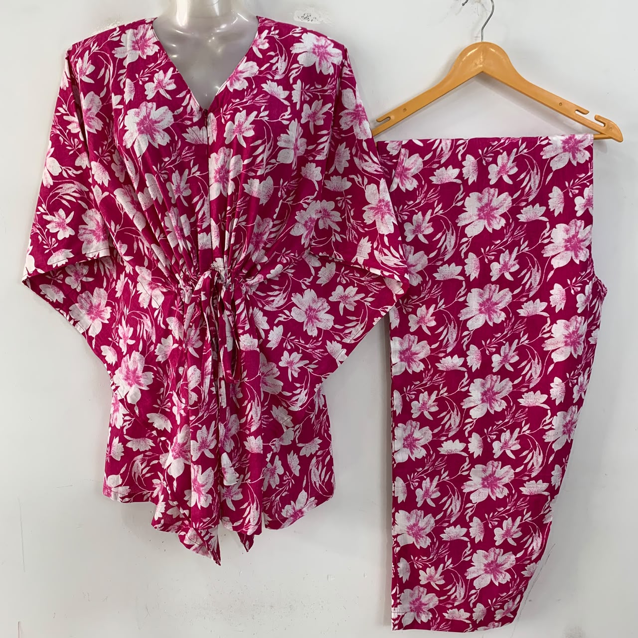 Pink shade California Poppy Flower Print Cotton Maternity Kaftan Co-Ord Set