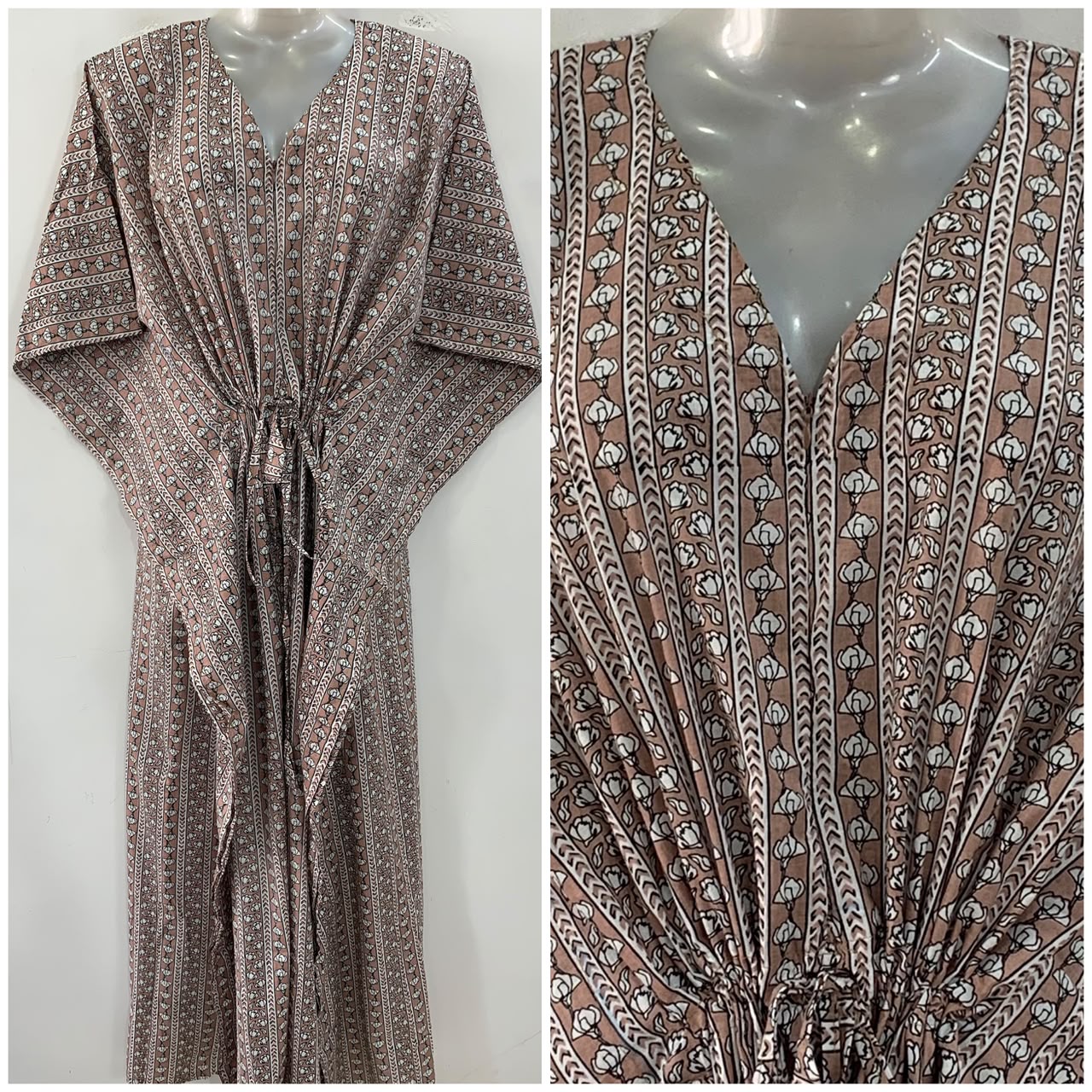 Pastel Brown shade Flower Stripe Print Cotton Maternity Nursing Kaftan