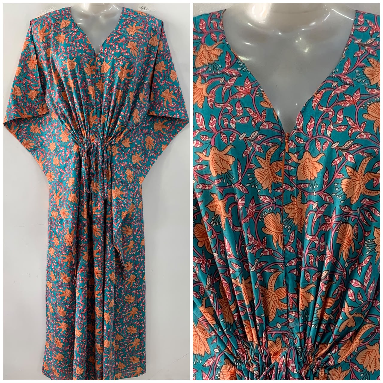 Light Blue shade Orange Flower Bale Garden Print Cotton Maternity Nursing Kaftan