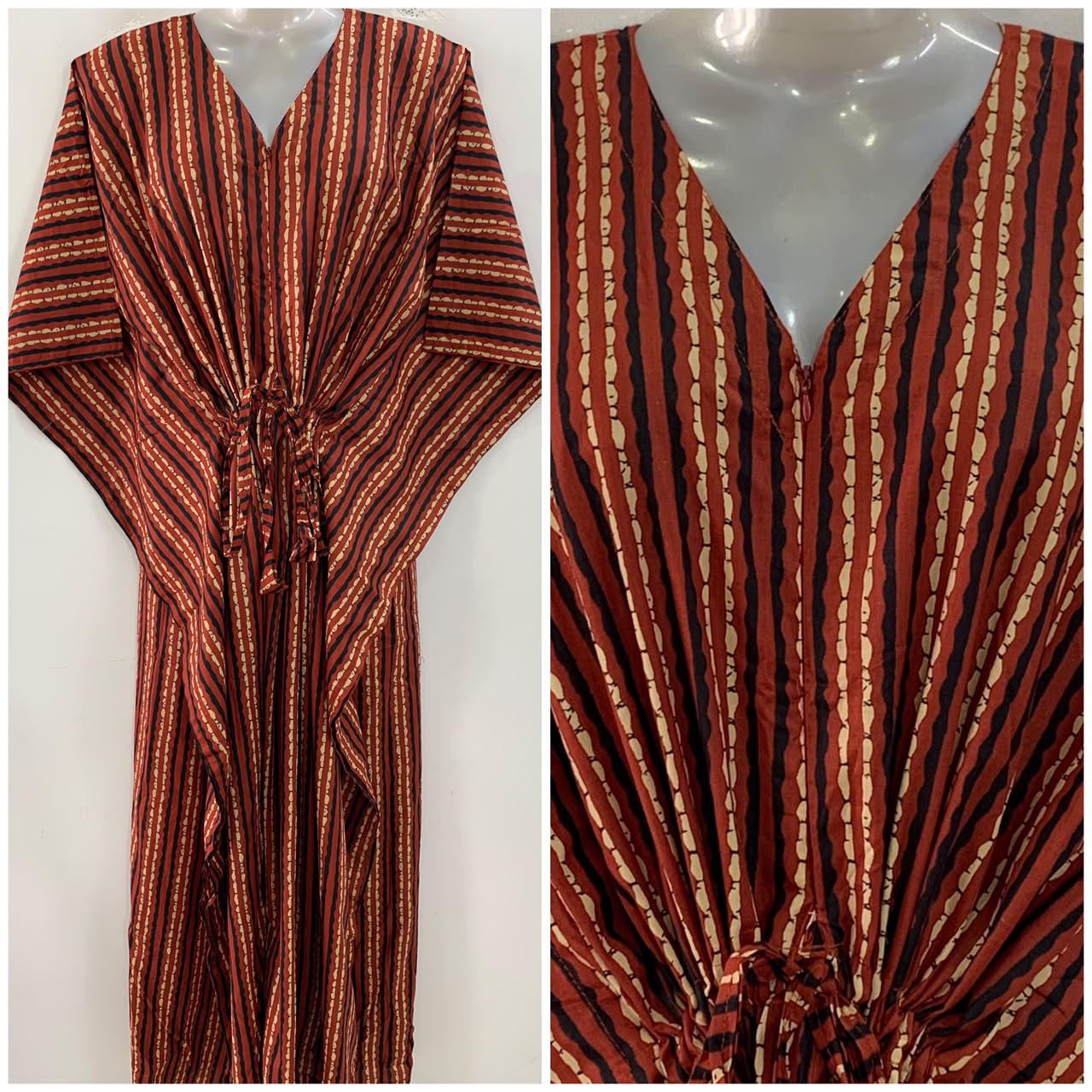 Brick Red shade Black-White Lining Print Cotton Maternity Nursing Kaftan