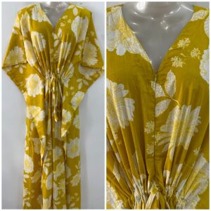 Yellow shade Big White flower Print Cotton Maternity Nursing Kaftan