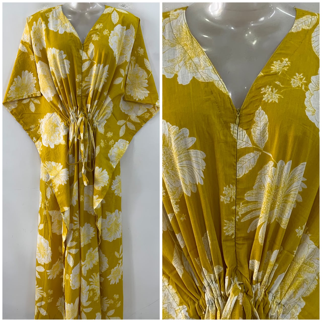Yellow shade Big White flower Print Cotton Maternity Nursing Kaftan