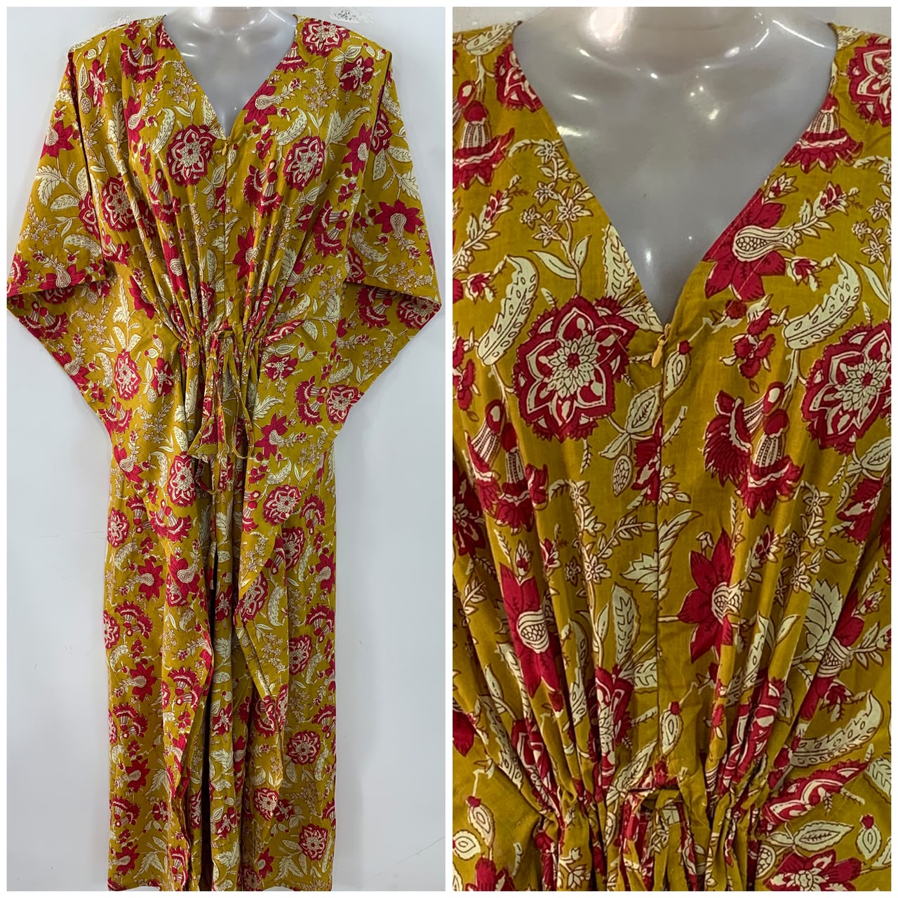 Yellow shade Red Flower Garden Print Cotton Maternity Nursing Kaftan