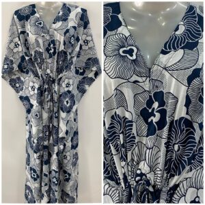 White shade Blue Web Flower Print Cotton Maternity Nursing Kaftan