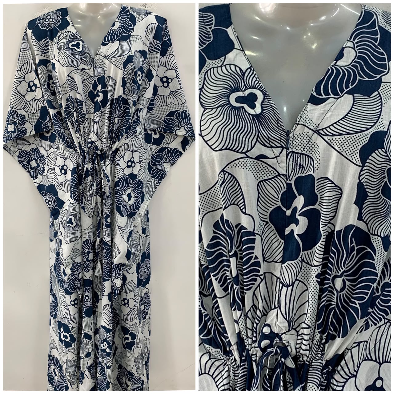 White shade Blue Web Flower Print Cotton Maternity Nursing Kaftan