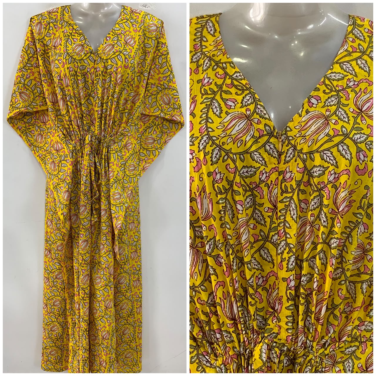 Yellow shade Pink Lotus flower Bale Jungle Print Cotton Maternity Nursing Kaftan