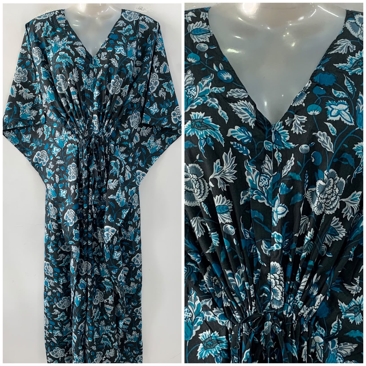 Black shade Blue Nightingale flower Print Cotton Maternity Nursing Kaftan