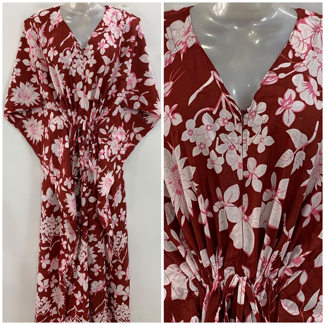 Mehroon Shade White flower Bunch Print Cotton Maternity Nursing Kaftan