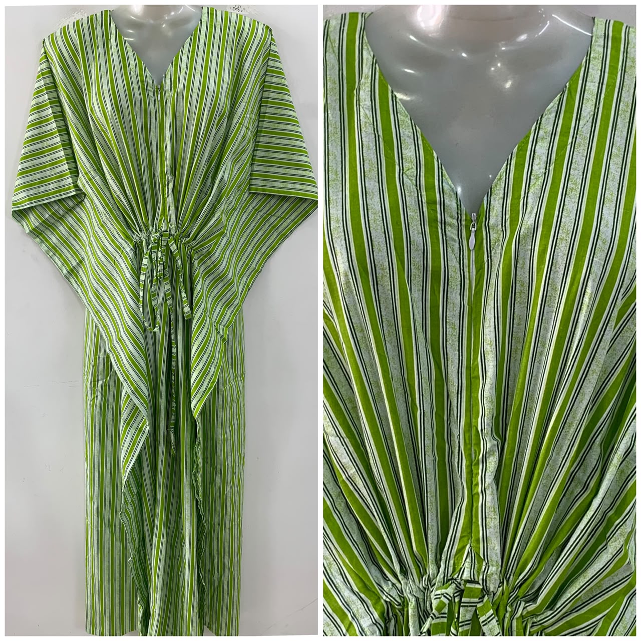 Light Green Vertical Lining Print Cotton Maternity Nursing Kaftan