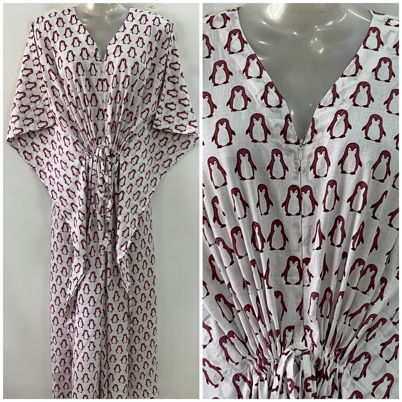 White shade Brown Penguin Print Cotton Maternity Nursing Kaftan