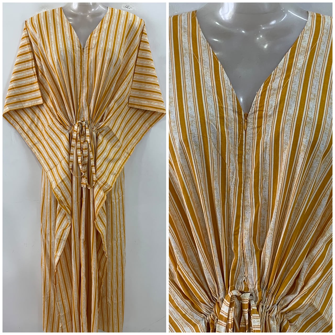 Yellow shade Vertical Lining Print Cotton Maternity Nursing Kaftan