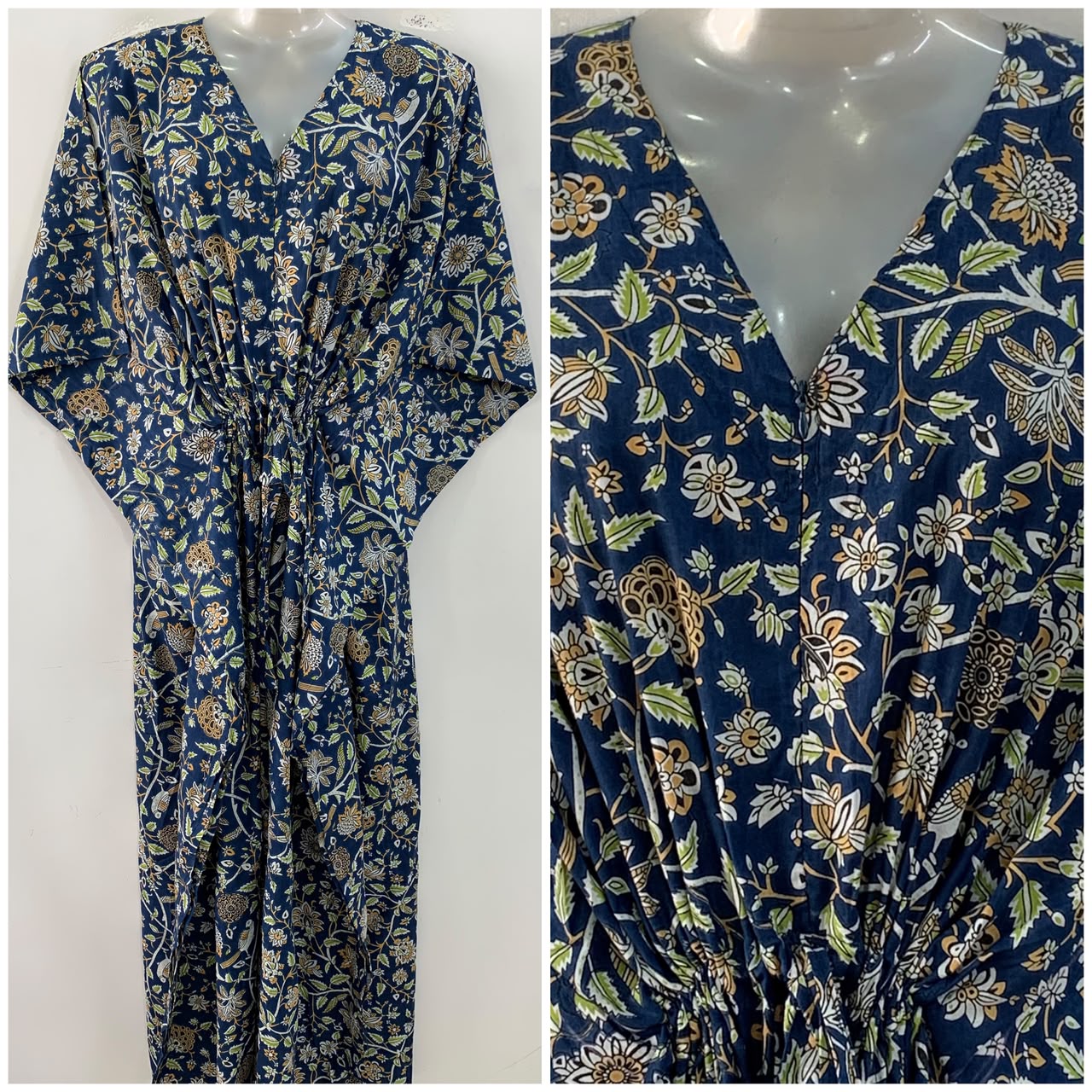 Dark Blue shade Yellow flower Jungle Print Cotton Maternity Nursing Kaftan