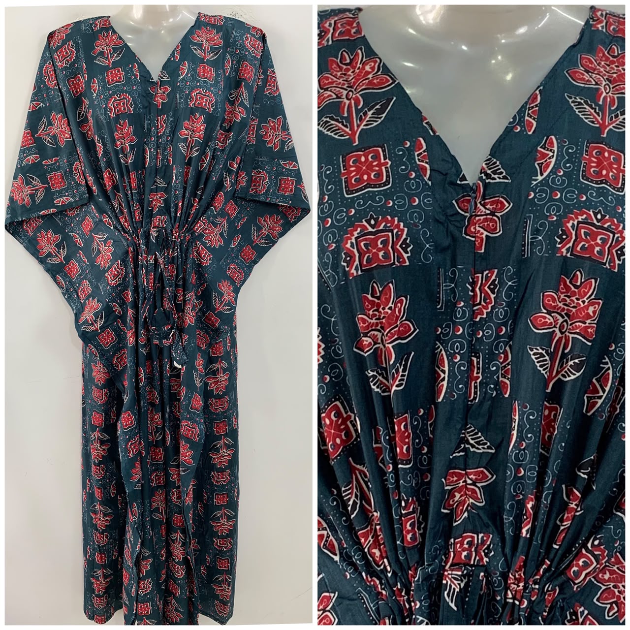 Dark Teal Blue shade Red Block Flower Print Cotton Maternity Nursing Kaftan