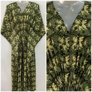 Olive green shade Yellow Leafy Print Cotton Maternity Nursing Kaftan