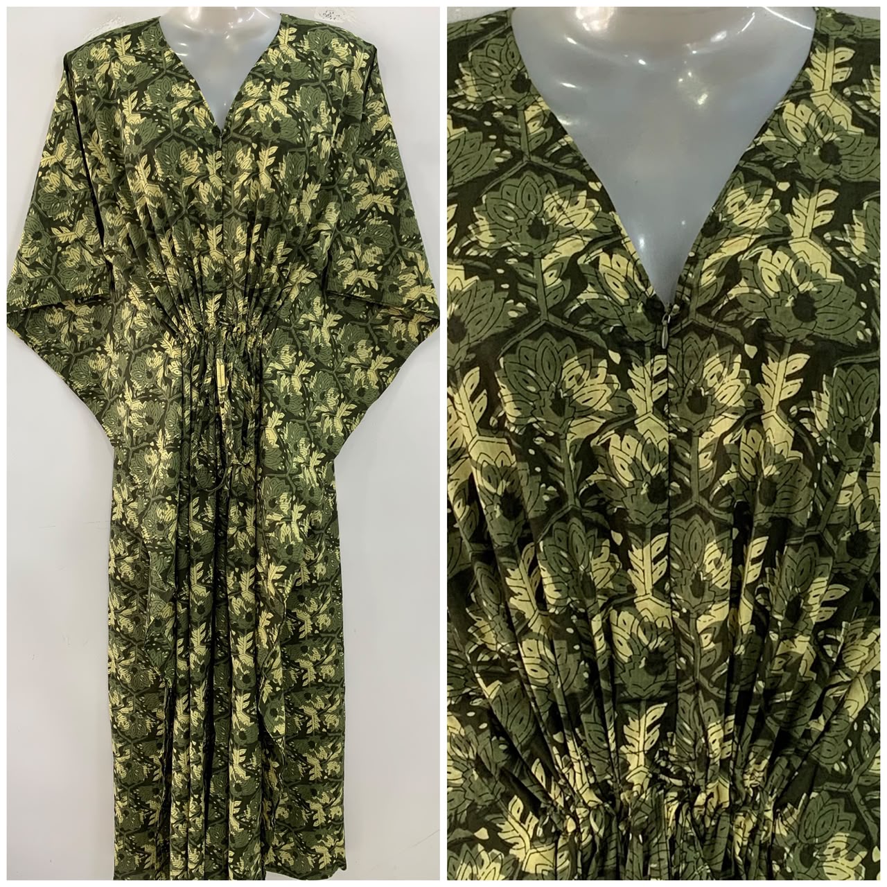 Olive green shade Yellow Leafy Print Cotton Maternity Nursing Kaftan