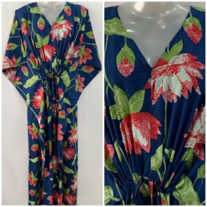 Dark Blue Shade Red Lotus Flower Print Cotton Maternity Nursing Kaftan