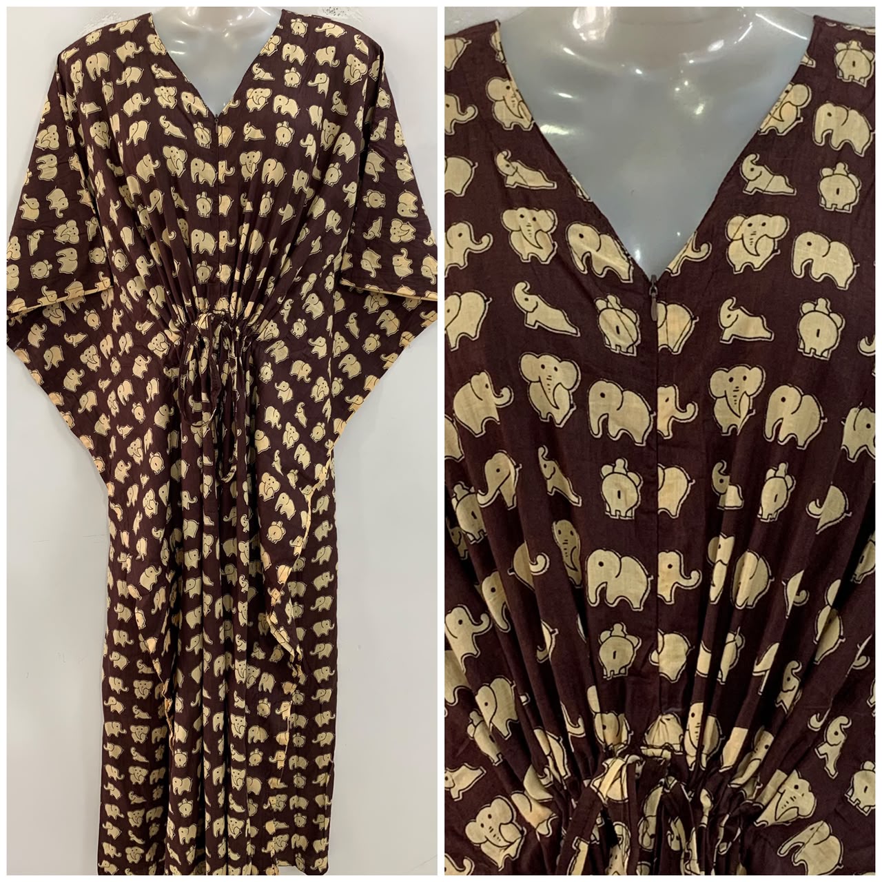 Dark Brown Shade Funny Elephant Print Cotton Maternity Nursing Kaftan