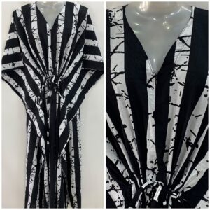 Black & White Stripe Abstract Print Cotton Maternity Nursing Kaftan