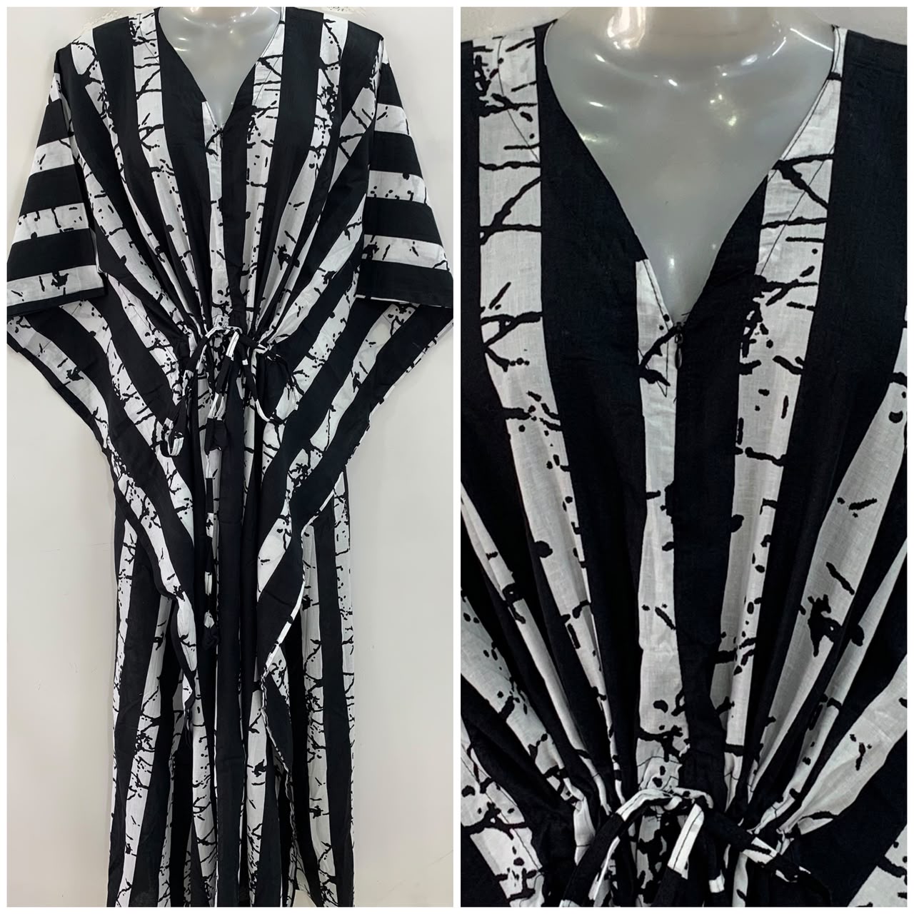 Black & White Stripe Abstract Print Cotton Maternity Nursing Kaftan
