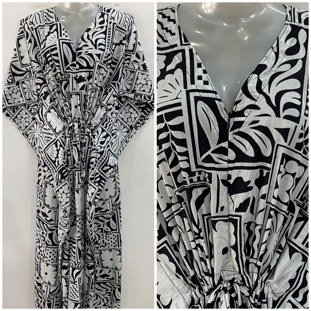 Black & White Indo-Ethnic Boho Print Cotton Maternity Nursing Kaftan